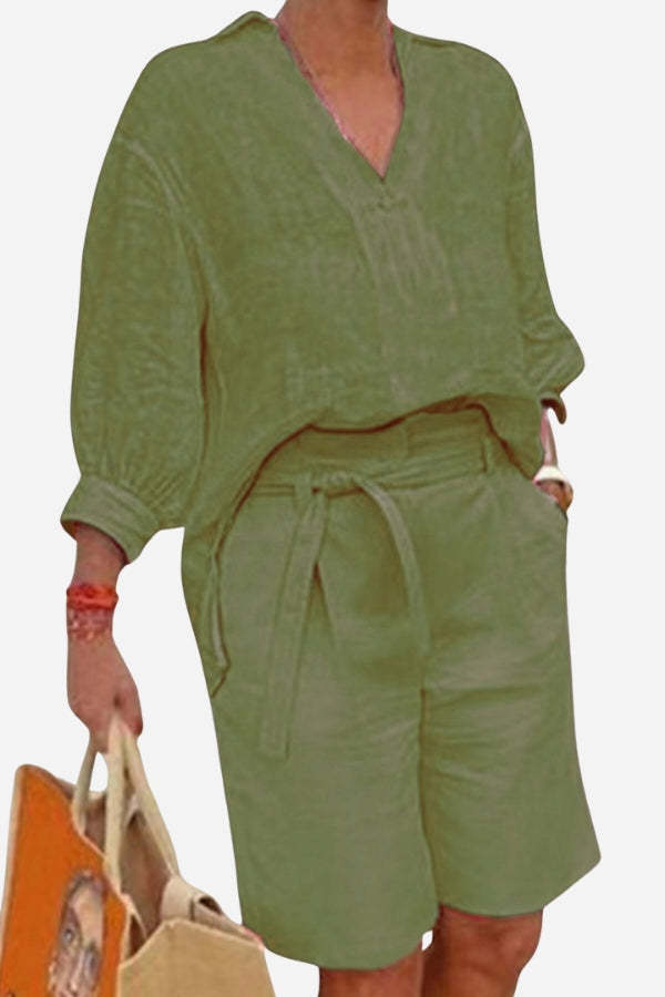 Stay Cool & Classy: Two-piece Set With Loose Shirt & High-waisted Shorts-tidenox