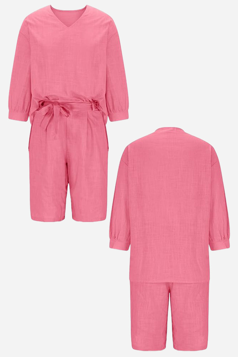 Stay Cool & Classy: Two-piece Set With Loose Shirt & High-waisted Shorts-tidenox
