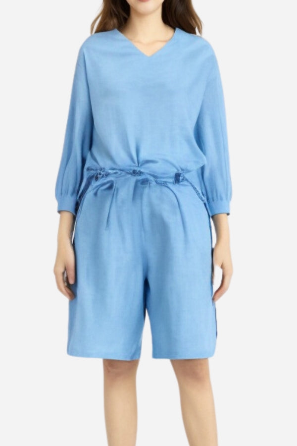 Stay Cool & Classy: Two-piece Set With Loose Shirt & High-waisted Shorts-tidenox