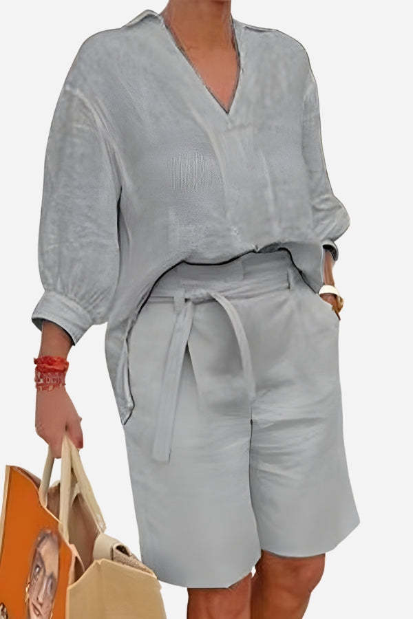 Stay Cool & Classy: Two-piece Set With Loose Shirt & High-waisted Shorts-tidenox