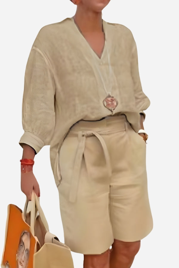 Stay Cool & Classy: Two-piece Set With Loose Shirt & High-waisted Shorts-tidenox