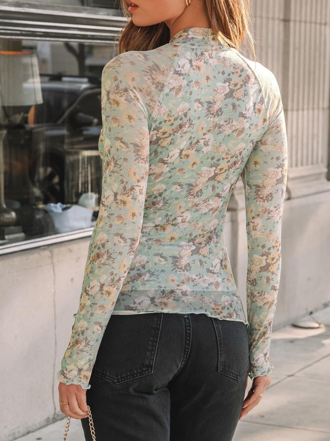 Floral Mock Neck Long Sleeve T-Shirt