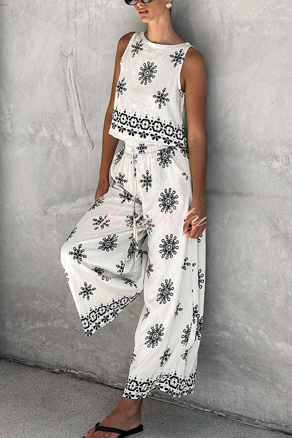 Unique Printed Round Neck Sleeveless Button Top and Elastic Waist Pocket Wide Leg Pants Set-tidenox
