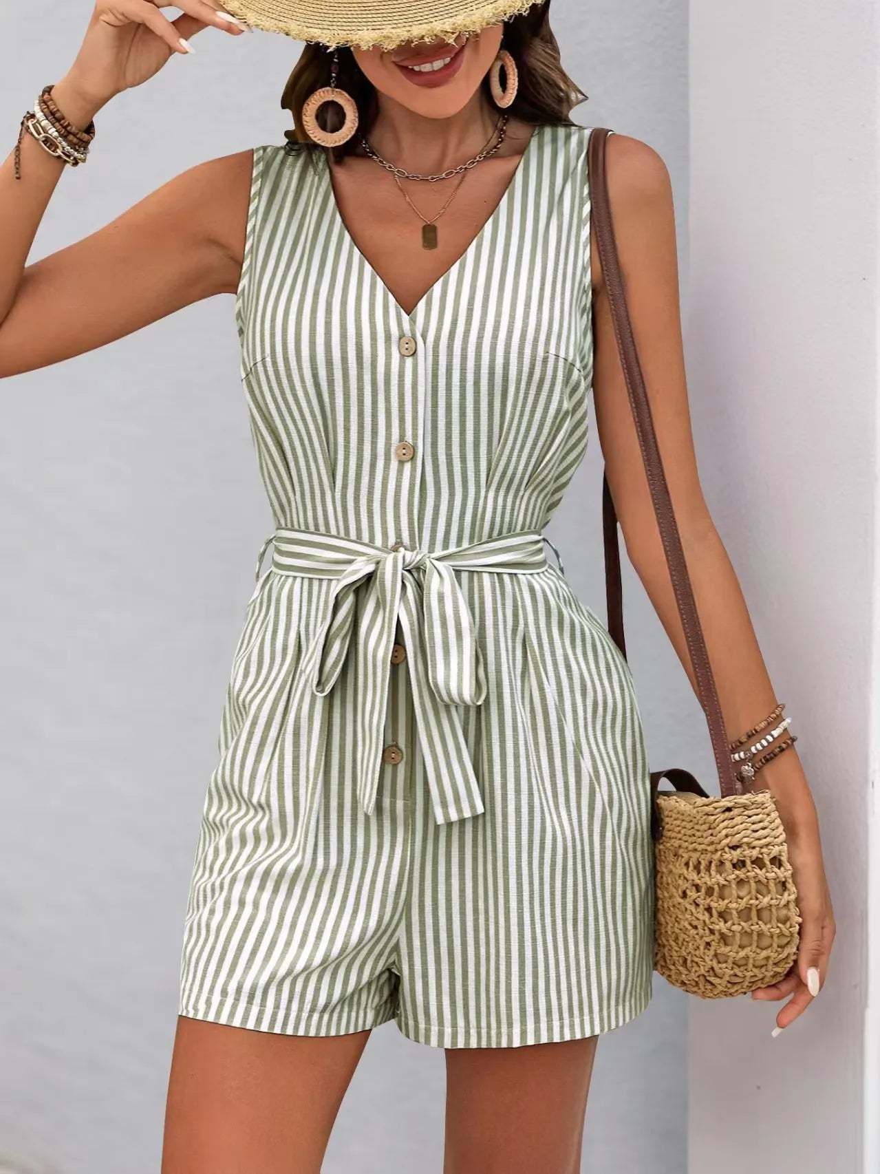 Striped V-neck Button Front Belted Romper-tidenox