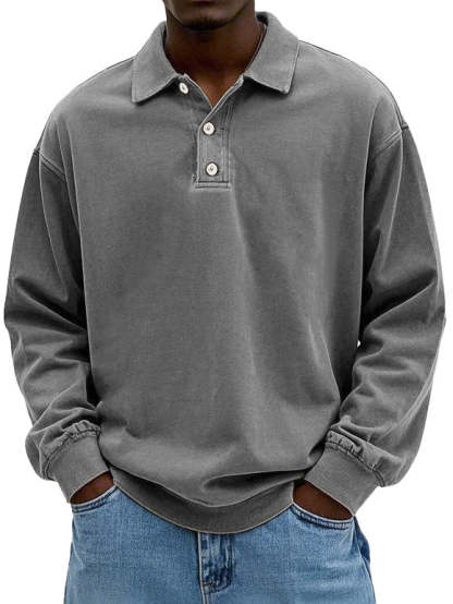 CLEARANCE SALE🔥 Men's Fashion Retro Washed Distressed Cotton Lapel Long Sleeve Polo Shirt-tidenox