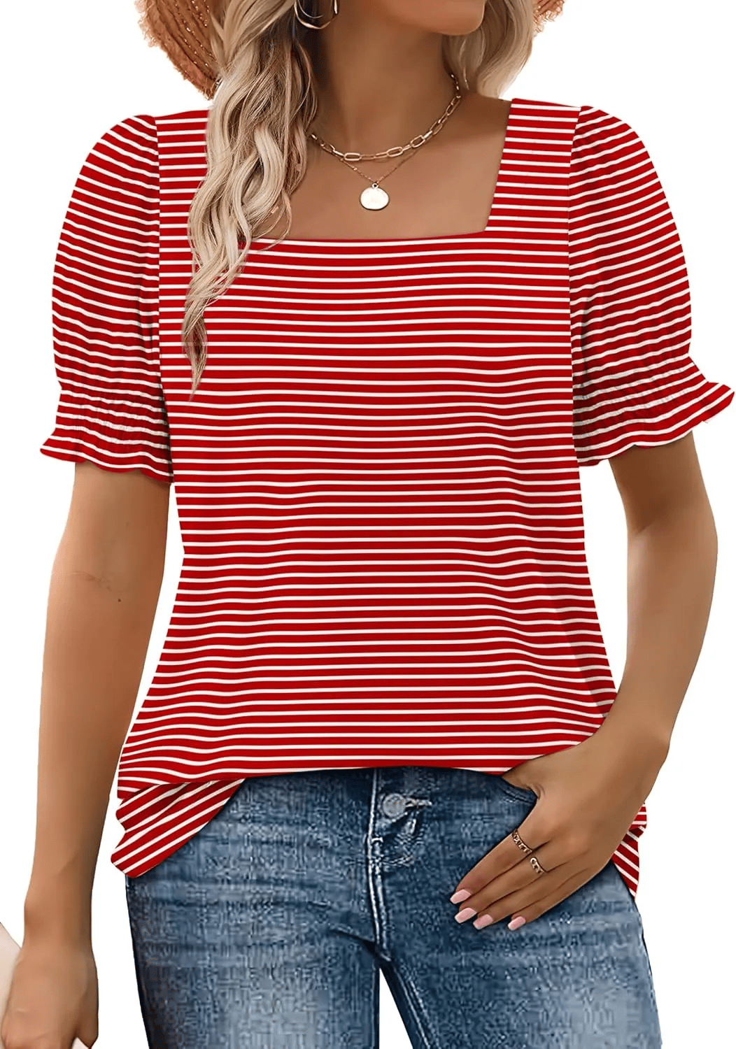 🔥Women's Square Neck Smocked Sleeve T-Shirt Casual Top-tidenox