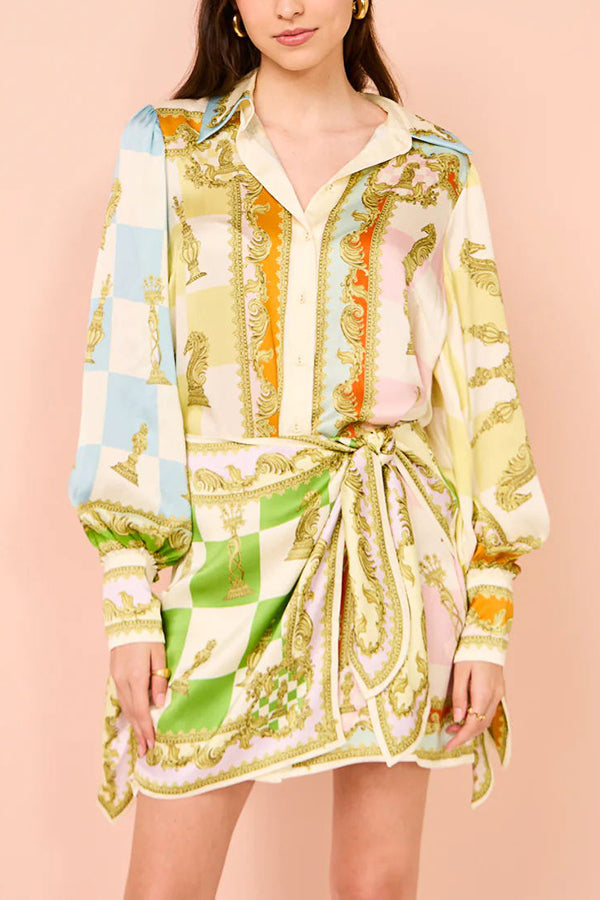 Vacay Mode Satin Unique Print Tie-up Design Wrap Mini Dress-tidenox