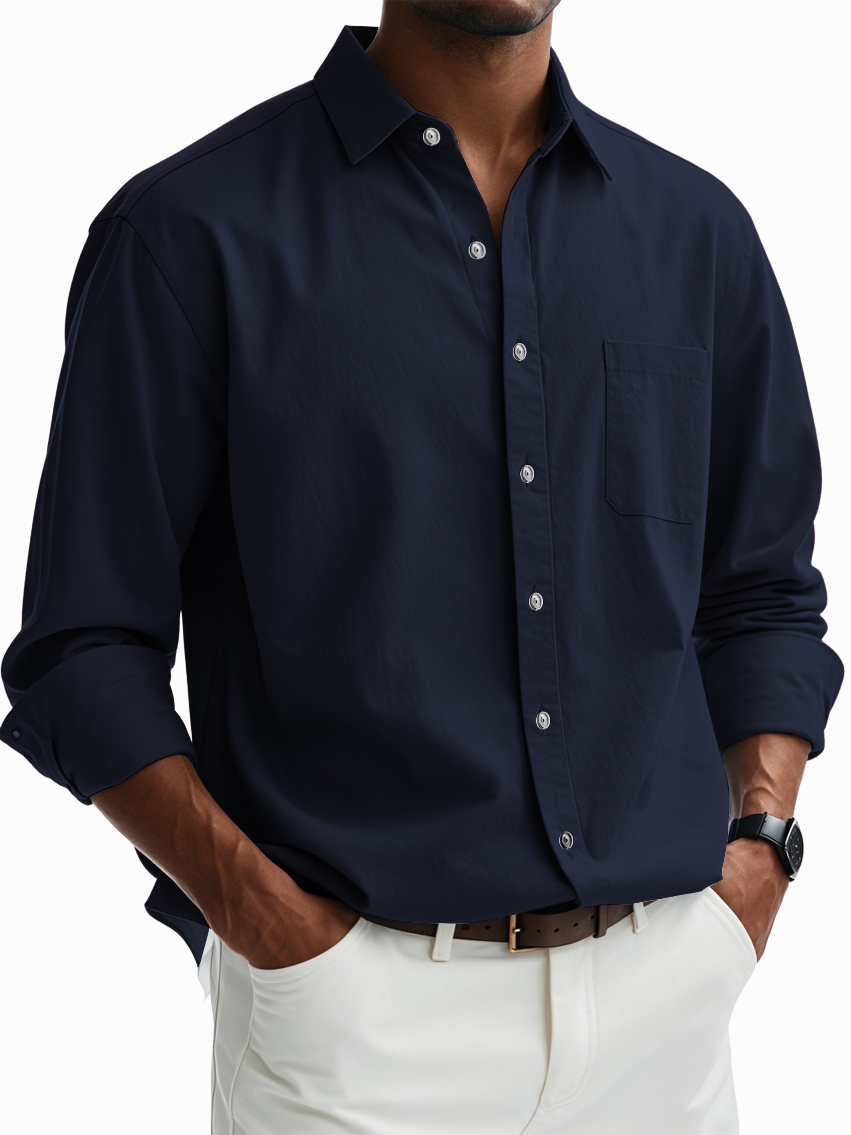 Men's Casual Cotton Pocket Basic Long Sleeve Shirt-tidenox