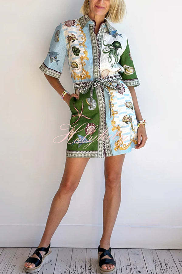 Deep Sea Dreaming Linen Blend Unique Print Tie-up Pocketed Shirt Mini Dress-tidenox