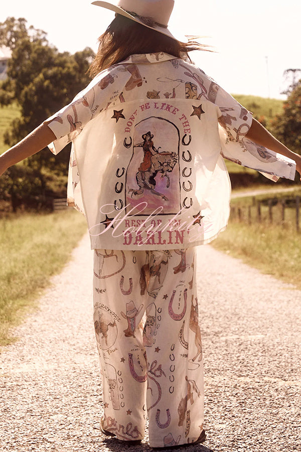 Linen Blend Unique Printed Short-sleeved Shirt and Elastic Waisted Baggy Pants Set-tidenox