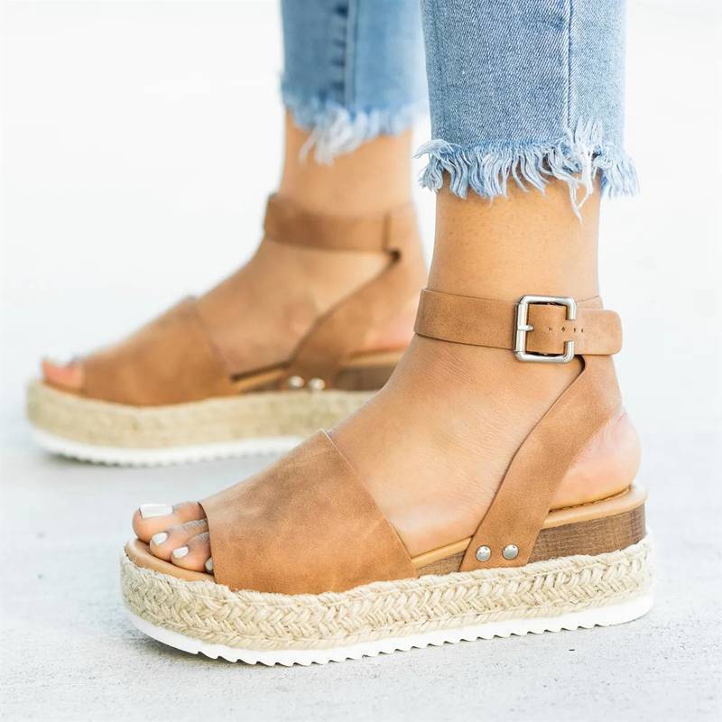 2025 Womens Buckle Ankle Strap Flatform Wedge Casual Sandals-tidenox