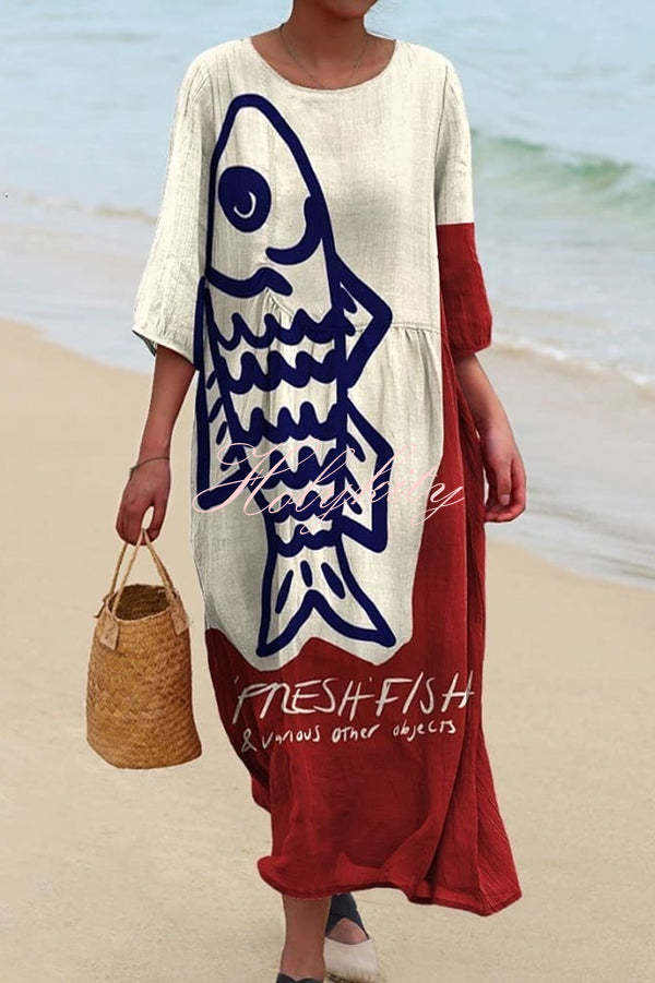 Unique Marine Print V-neck Short-sleeved Midi Dress-tidenox