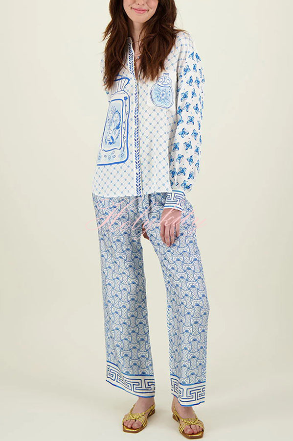 Stylized Dragon Satin Unique Print Long Sleeve Loose Shirt and Elastic Waist Pants Set-tidenox