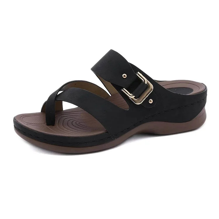 LAST DAY 70% OFF-Women's Orthopedic Wedge Wide Toe Arch Support Leather Sandals-tidenox