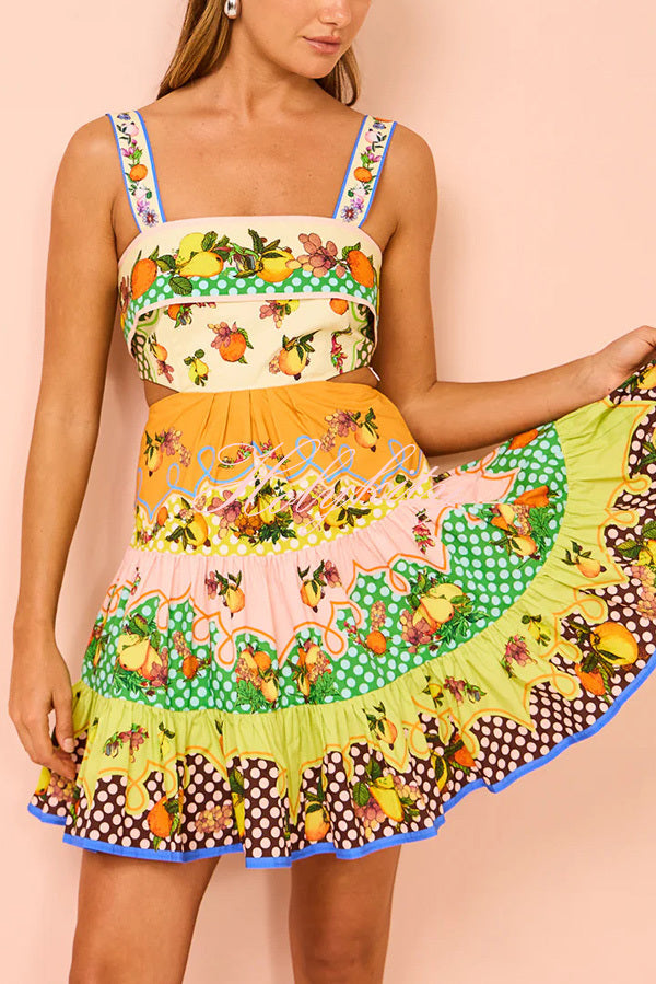 Sweet and Sour Summer Multicolor Lemon Print Pleated Hem Mini Dress-tidenox