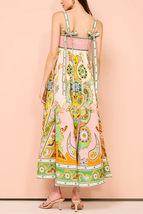 Summer Serenade Linen Blend Unique Print Tie-up Strap Smocked Pocketed Maxi Dress-tidenox