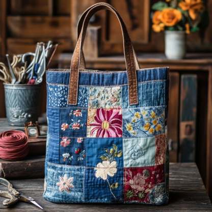 Rustic Floral Patchwork Quilted Tote Bag NCU0PT7911-tidenox