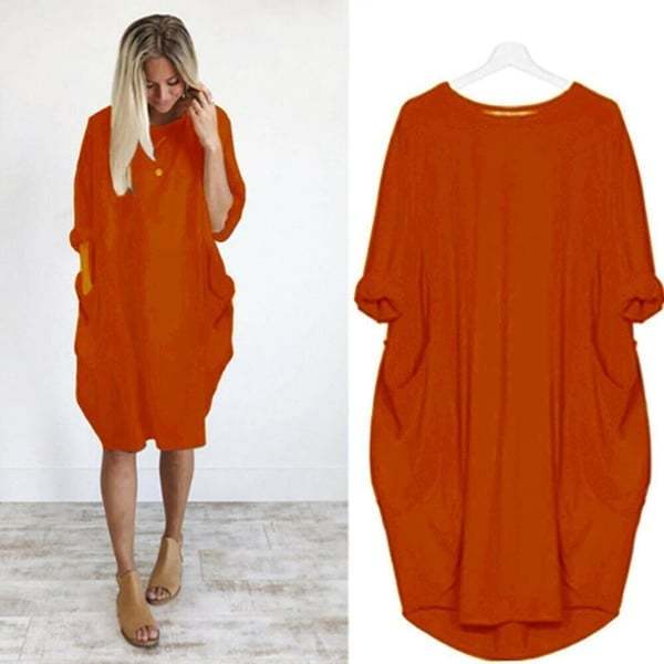 💝17 Colors Women Casual Loose Pocket Long Sleeves Dress-tidenox