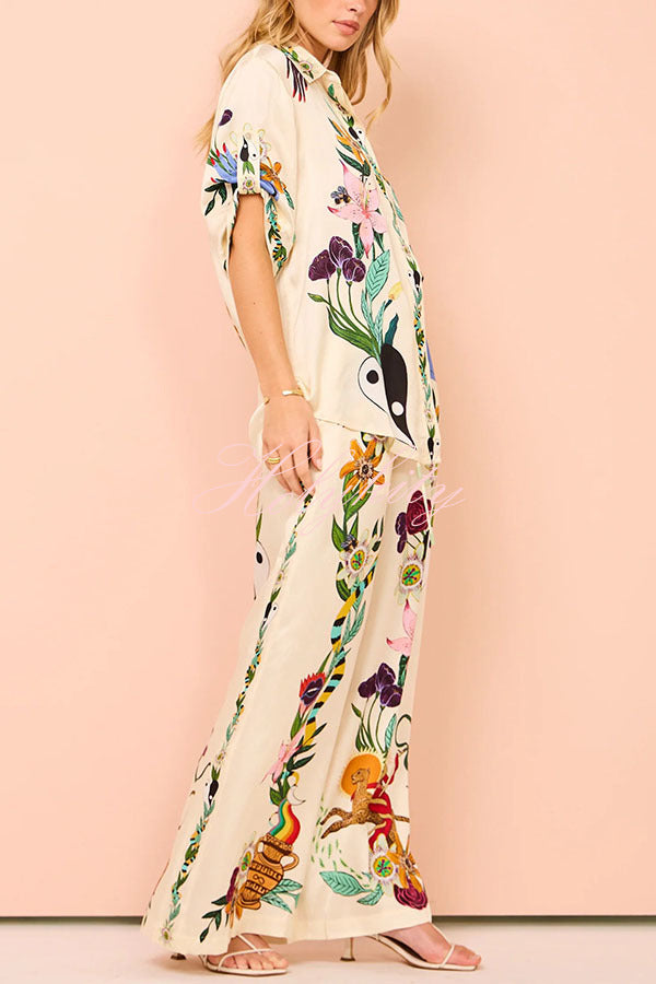 Modern Sophisticated Feel Satin Unique Print Button Down Oversized Blouse-tidenox
