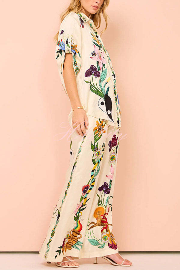 Modern Sophisticated Feel Satin Unique Print Button Down Oversized Blouse-tidenox