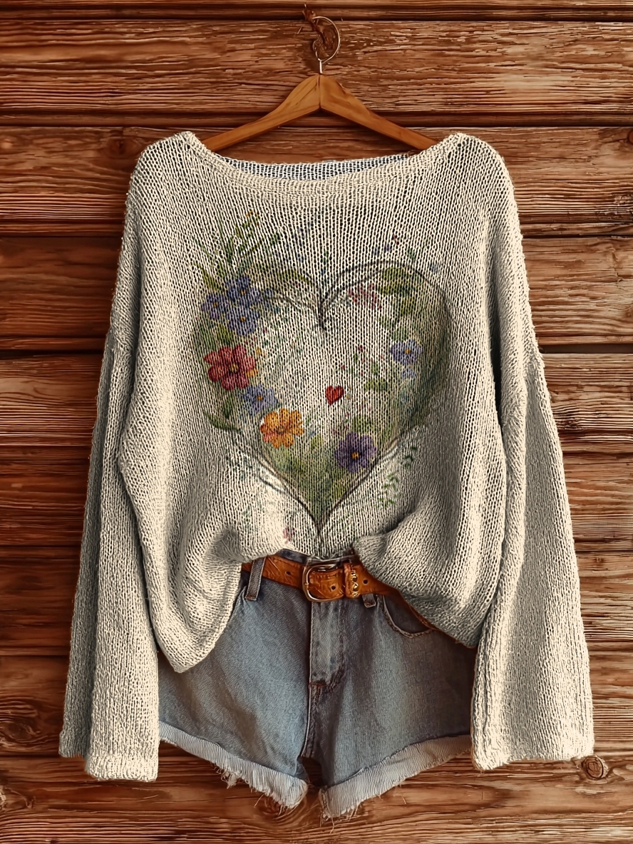Women's Floral Heart Pattern Art Print Casual Pullover Sweater-tidenox