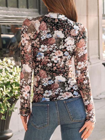 Floral Mock Neck Long Sleeve T-Shirt