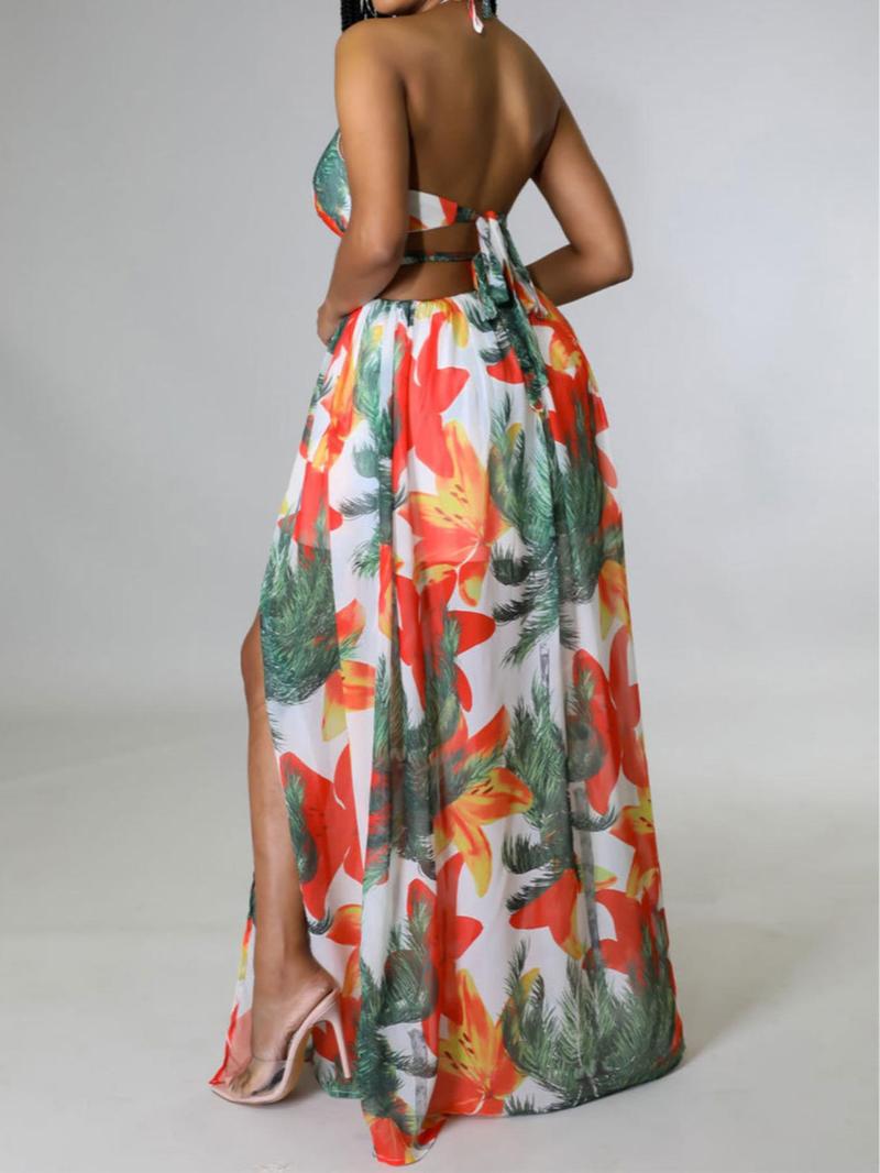 Women's Floral Print Chain Decor Split Thigh Dress-tidenox