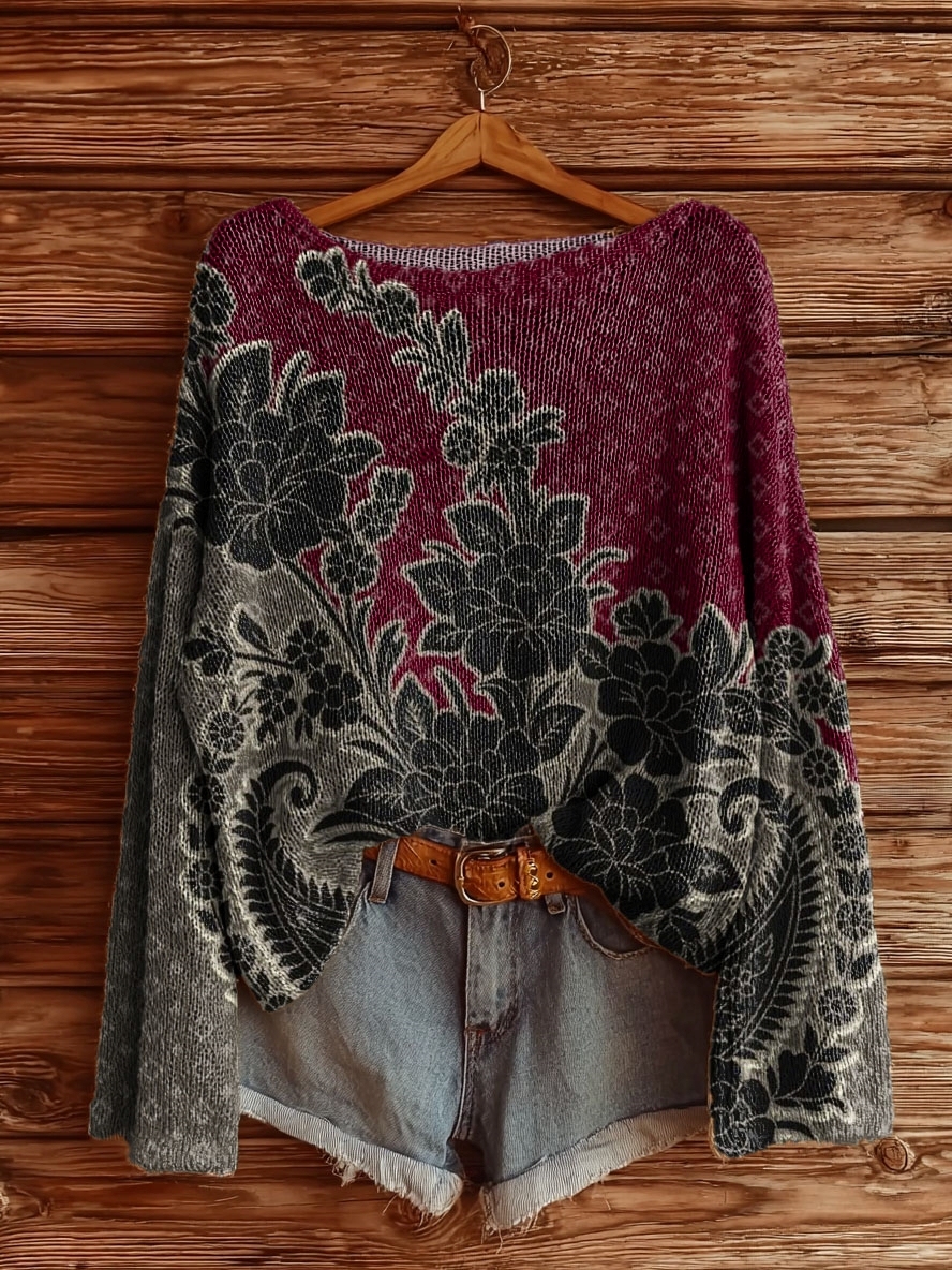 Women's Vintage Ethnic Floral Tattoo Pattern Art Print Casual Pullover Sweater-tidenox