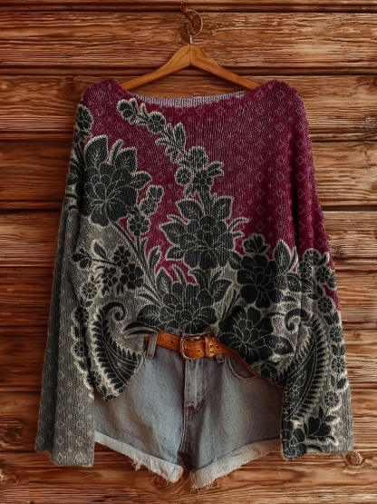 Women's Vintage Ethnic Floral Tattoo Pattern Art Print Casual Pullover Sweater-tidenox