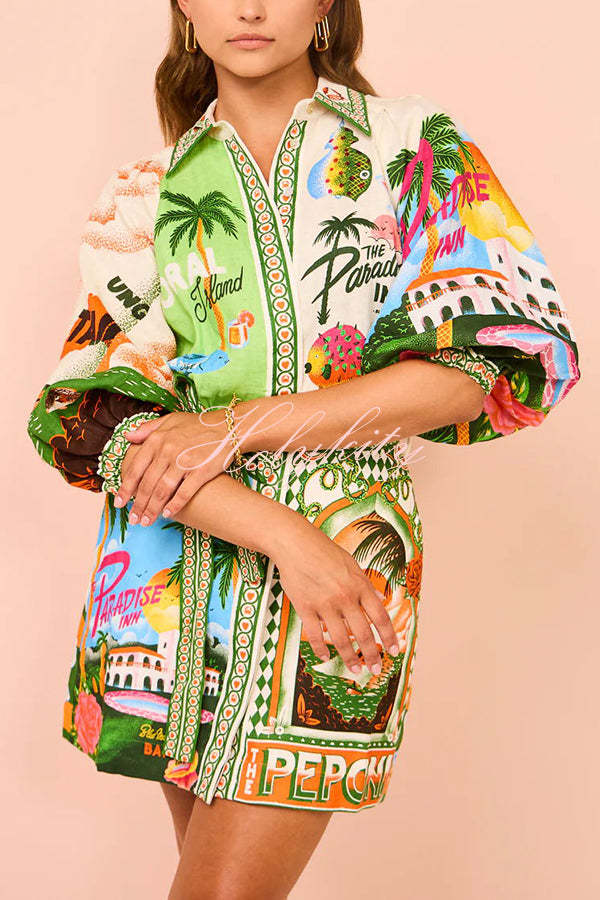 Summer Sophistication Linen Blend Unique Print Belted Pocket Shirt Mini Dress-tidenox