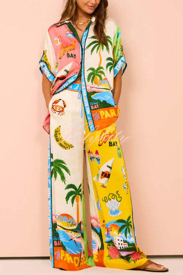 Kissed By The Sun Satin Unique Print Colorblock Button Down Oversized Blouse-tidenox