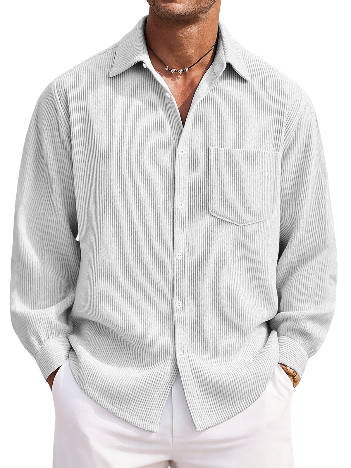 Men's Everyday Casual Solid Color Corduroy Button Lapel Long Sleeve Shirt-tidenox