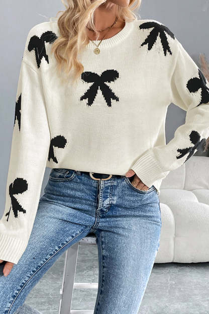 Christmas Contrast Bow Round Neck Long Sleeve Loose Knitted Sweater-tidenox