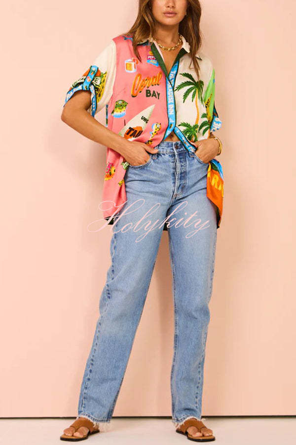 Kissed By The Sun Satin Unique Print Colorblock Button Down Oversized Blouse-tidenox