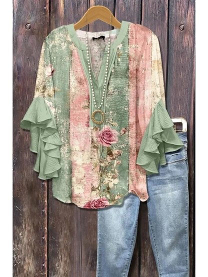 Women's Retro Blouse Layered Ruffle Sleeve Tops 3D Print Vintage Floral Graphic Daily Stylish Casual 3/4 Length Sleeve Regular Tops Daily Holiday Vacation Wear Print Purple Green Beige-tidenox