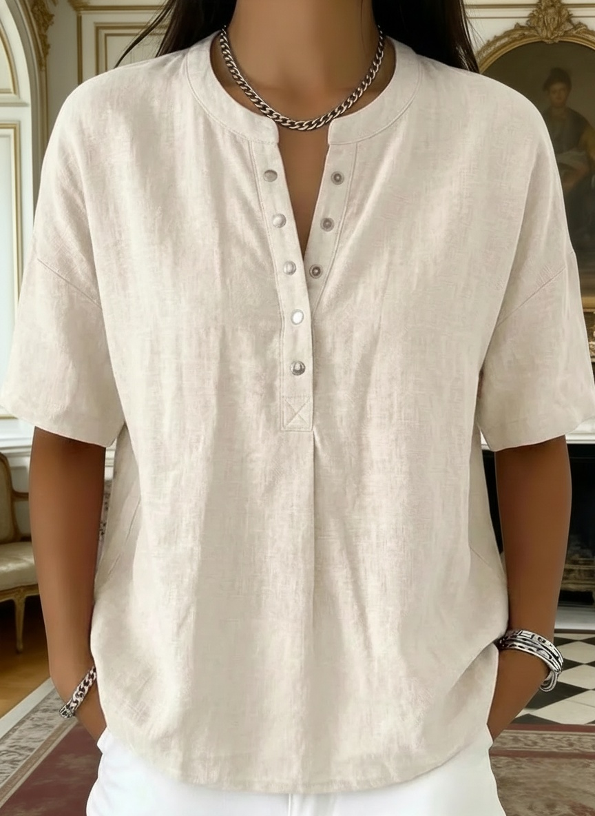 New Arrivals🔥 Women’s Casual Henley Collar Linen And Cotton Short-sleeve Shirt