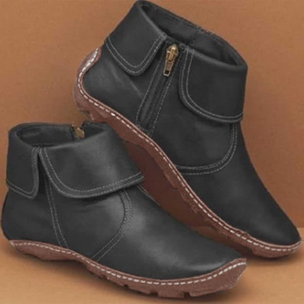 (⏳NOW ON: 49% OFF Sale! 🔥)Retro Women Walking Arch Support Boots Faux Leather Zip Flat Ankle Booties Shoes