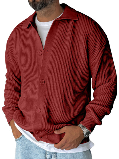 Versatile Men's Lapel Solid Color Loose Long-sleeved Knitted Cardigan Sweater Jacket-tidenox
