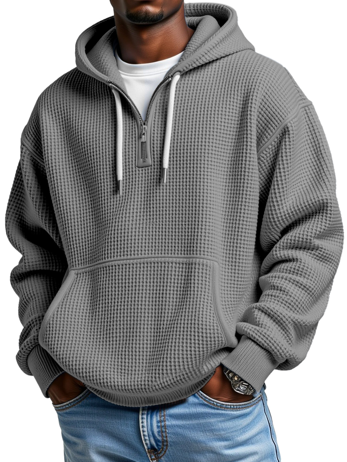 Men's Casual Solid Color Waffle Zipper Long Sleeve Hooded Sweatshirt-tidenox