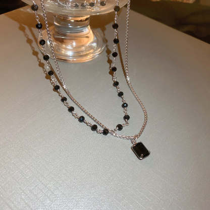 Black Pearl Double Strand Silver Necklace-tidenox