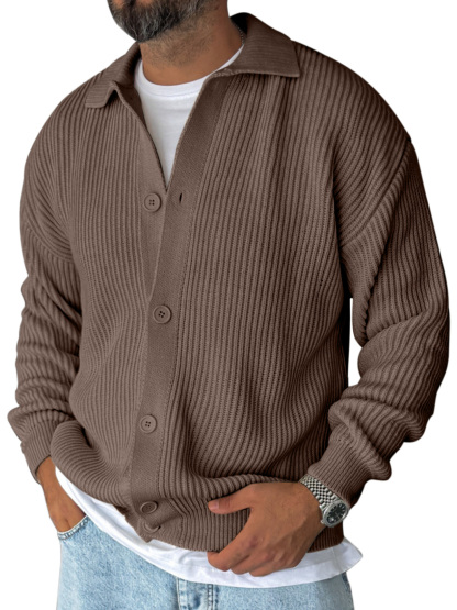 Versatile Men's Lapel Solid Color Loose Long-sleeved Knitted Cardigan Sweater Jacket-tidenox