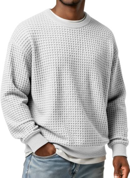 Men's Simple Waffle Round Neck Loose Casual Long-sleeved T-shirt-tidenox