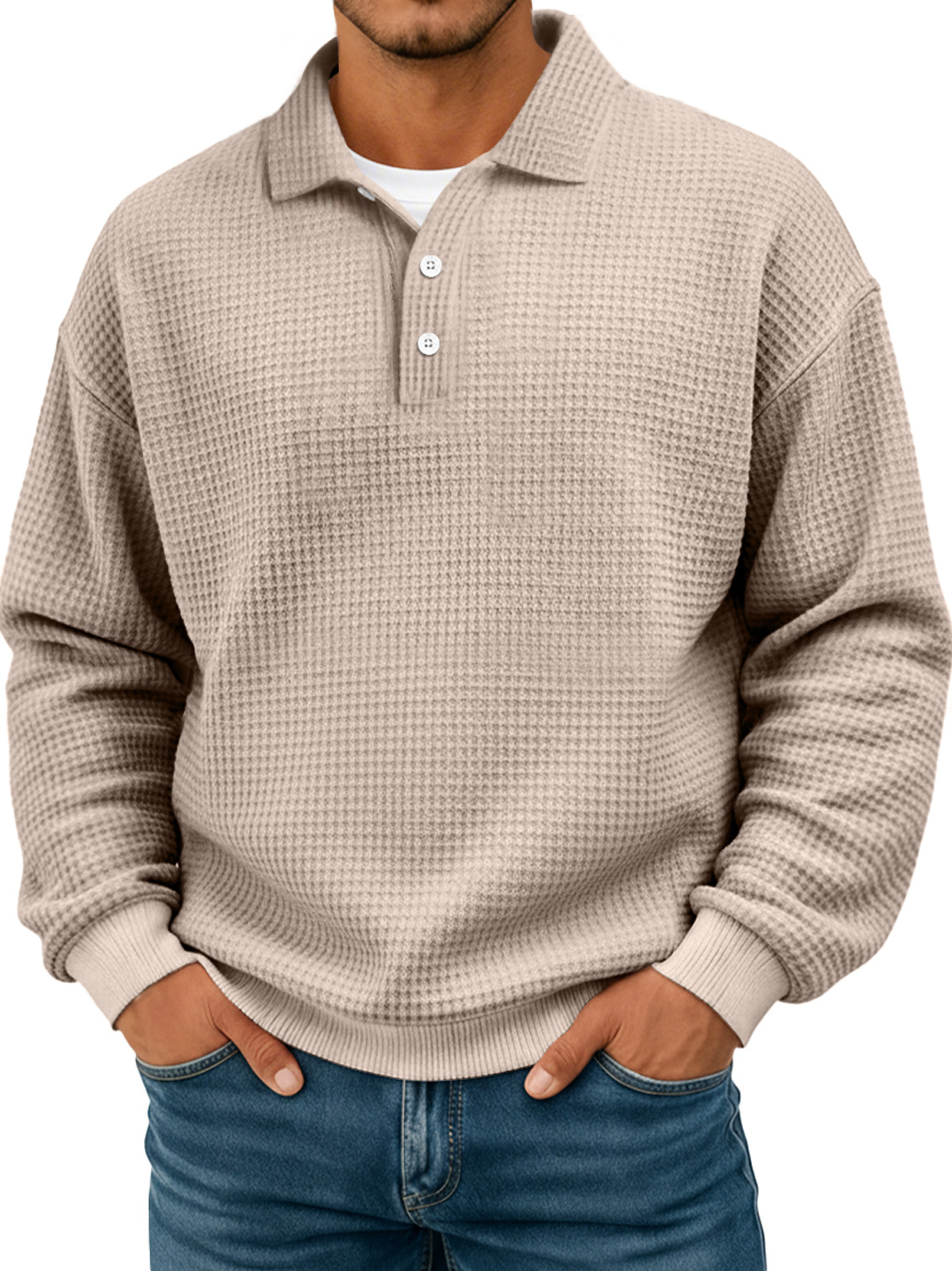 Simple waffle texture lapel button casual long-sleeved POLO shirt-tidenox