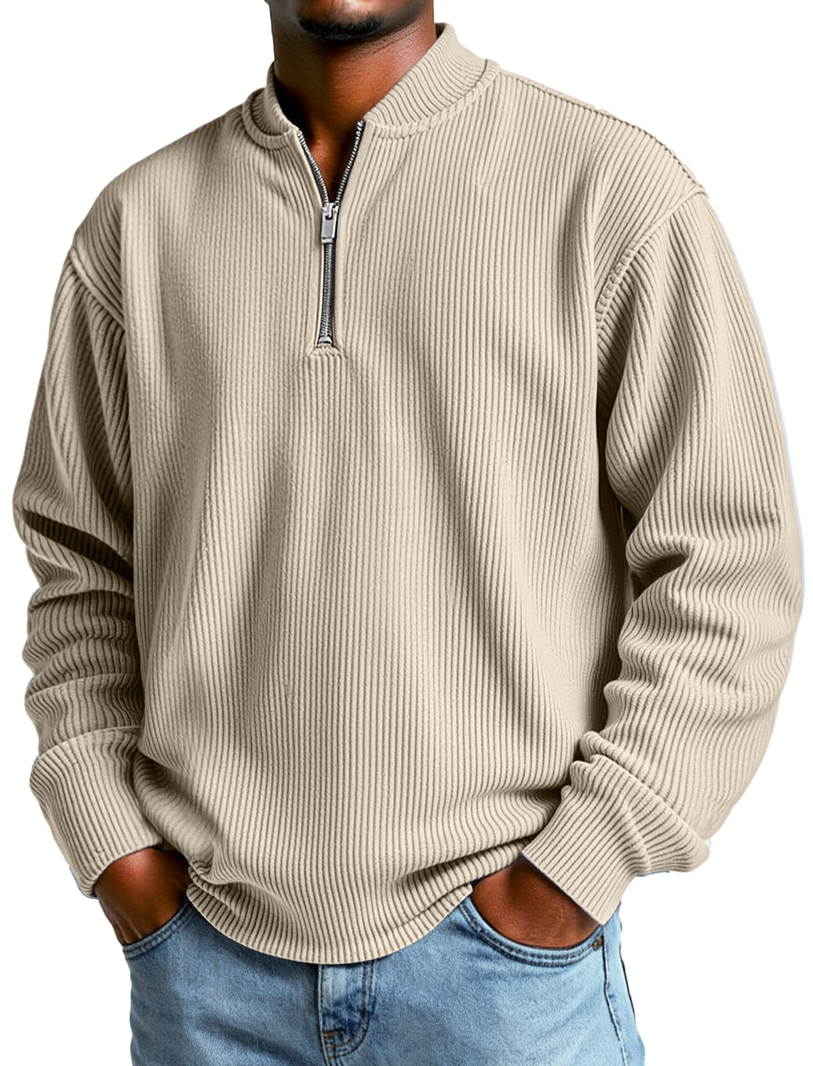 Men's Daily Simple Ribbed Baseball Collar Zipper Casual Long-sleeved T-shirt-tidenox