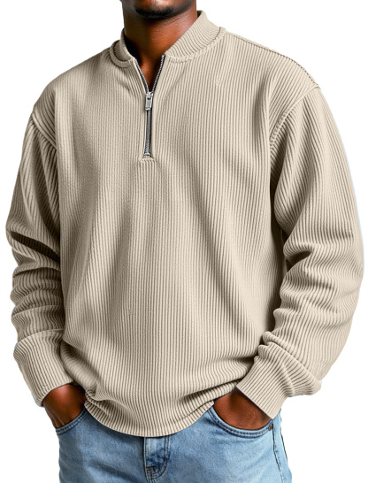 Men's Daily Simple Ribbed Baseball Collar Zipper Casual Long-sleeved T-shirt-tidenox