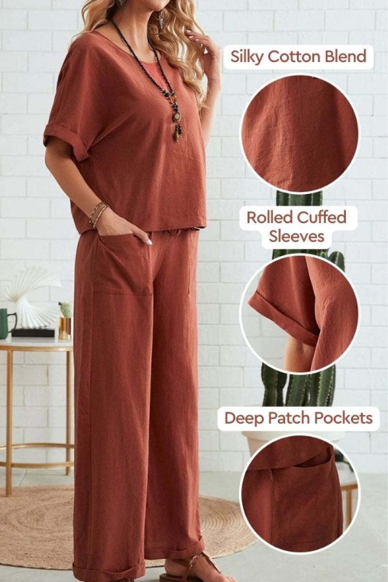Classy & Laid Back Lifestyle: Rolled Cuff Top And Patch Pocket Pants Set-tidenox