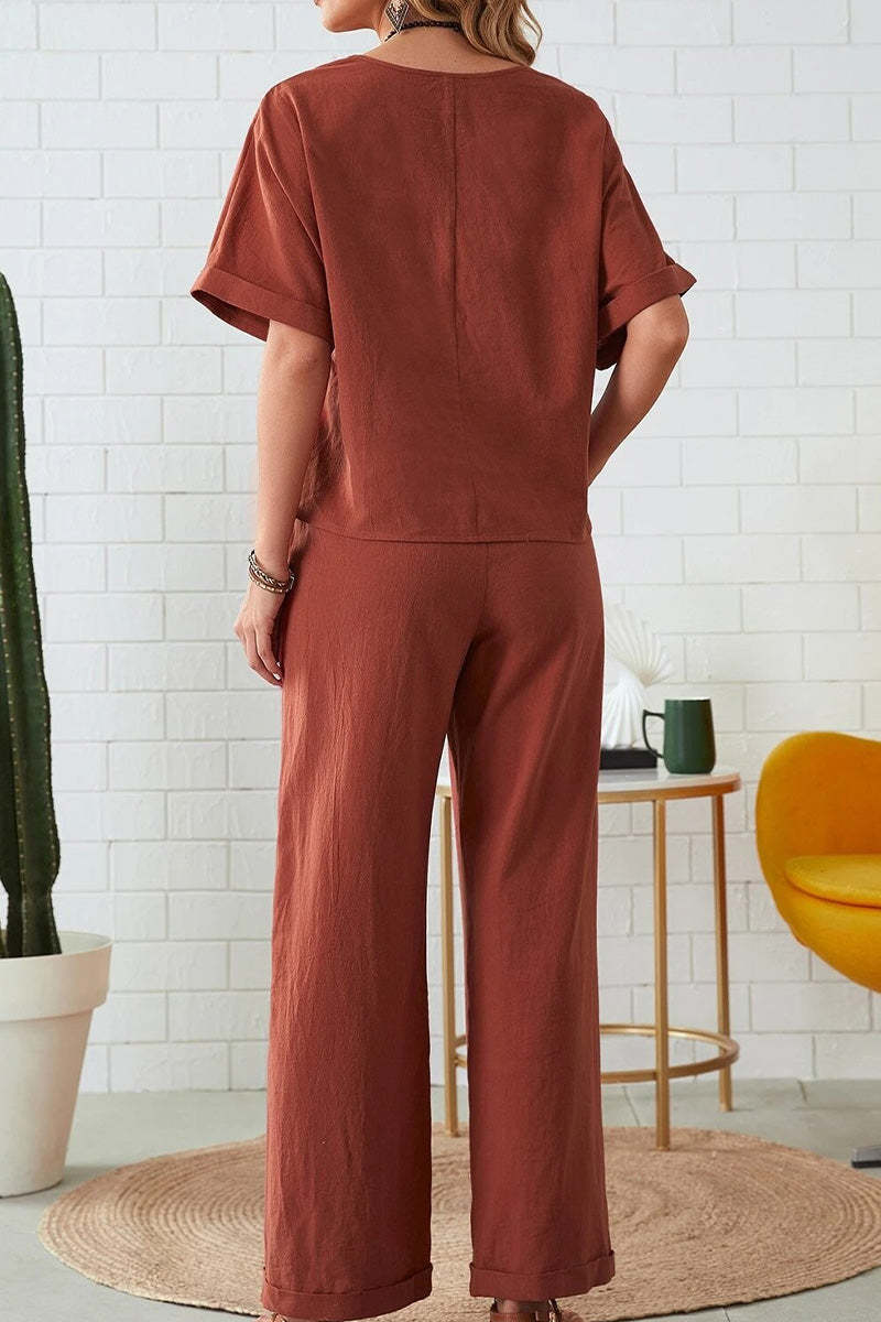 Classy & Laid Back Lifestyle: Rolled Cuff Top And Patch Pocket Pants Set-tidenox