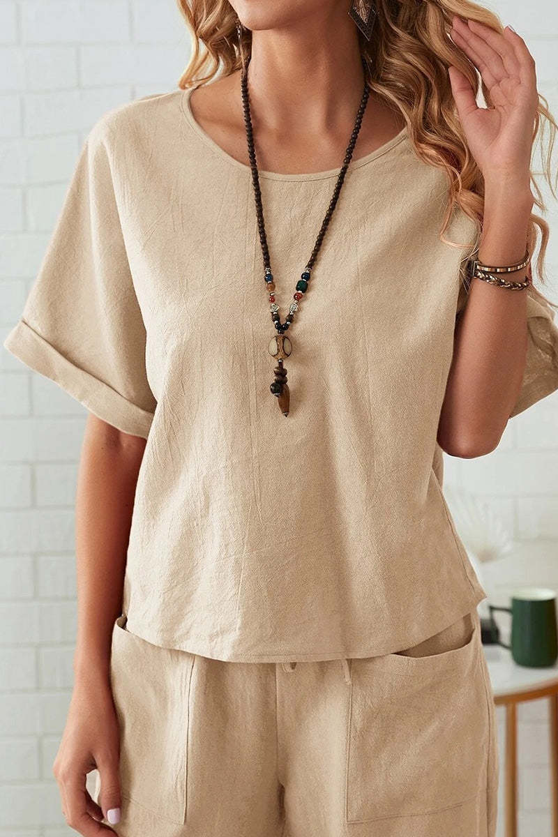 Classy & Laid Back Lifestyle: Rolled Cuff Top And Patch Pocket Pants Set-tidenox