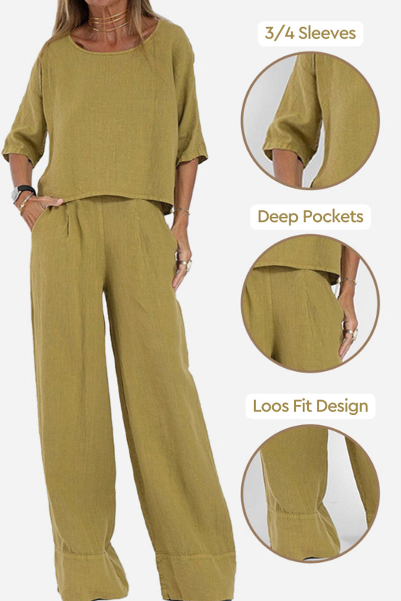 At Ease & Down to Earth: Short-sleeved Pullover & Wide Trouser Matching Set-tidenox