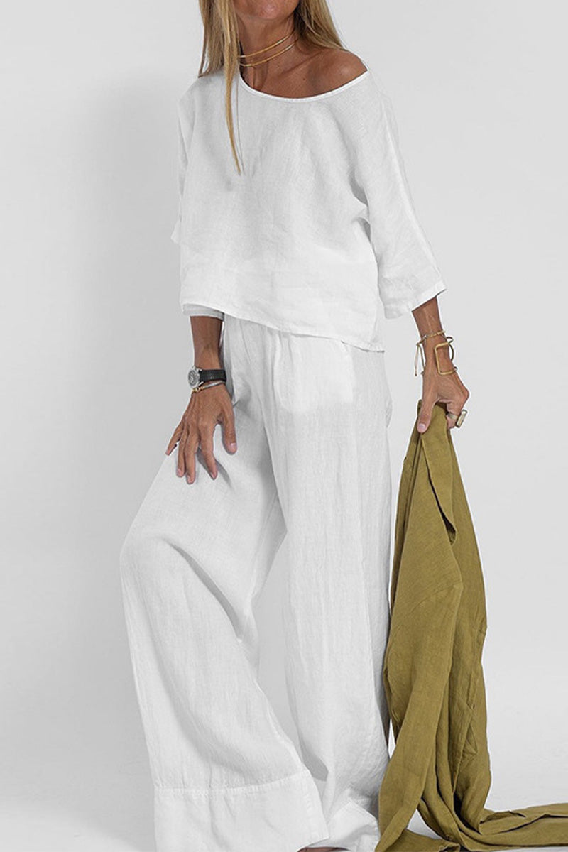 At Ease & Down to Earth: Short-sleeved Pullover & Wide Trouser Matching Set-tidenox